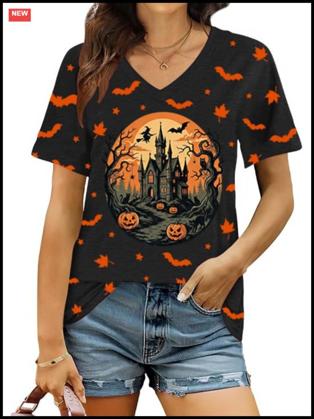 Halloween V Neck T Shirt Ghost Pumpkin Print Relaxed Fit Fall Party Tee